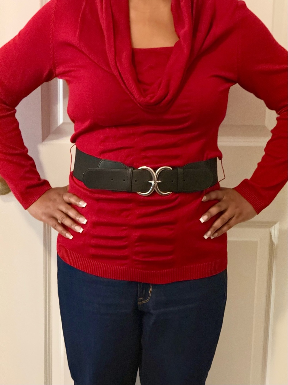 Red Cowl Neck Sweater and Black Wide Waist Belt with Double Ring Buckle